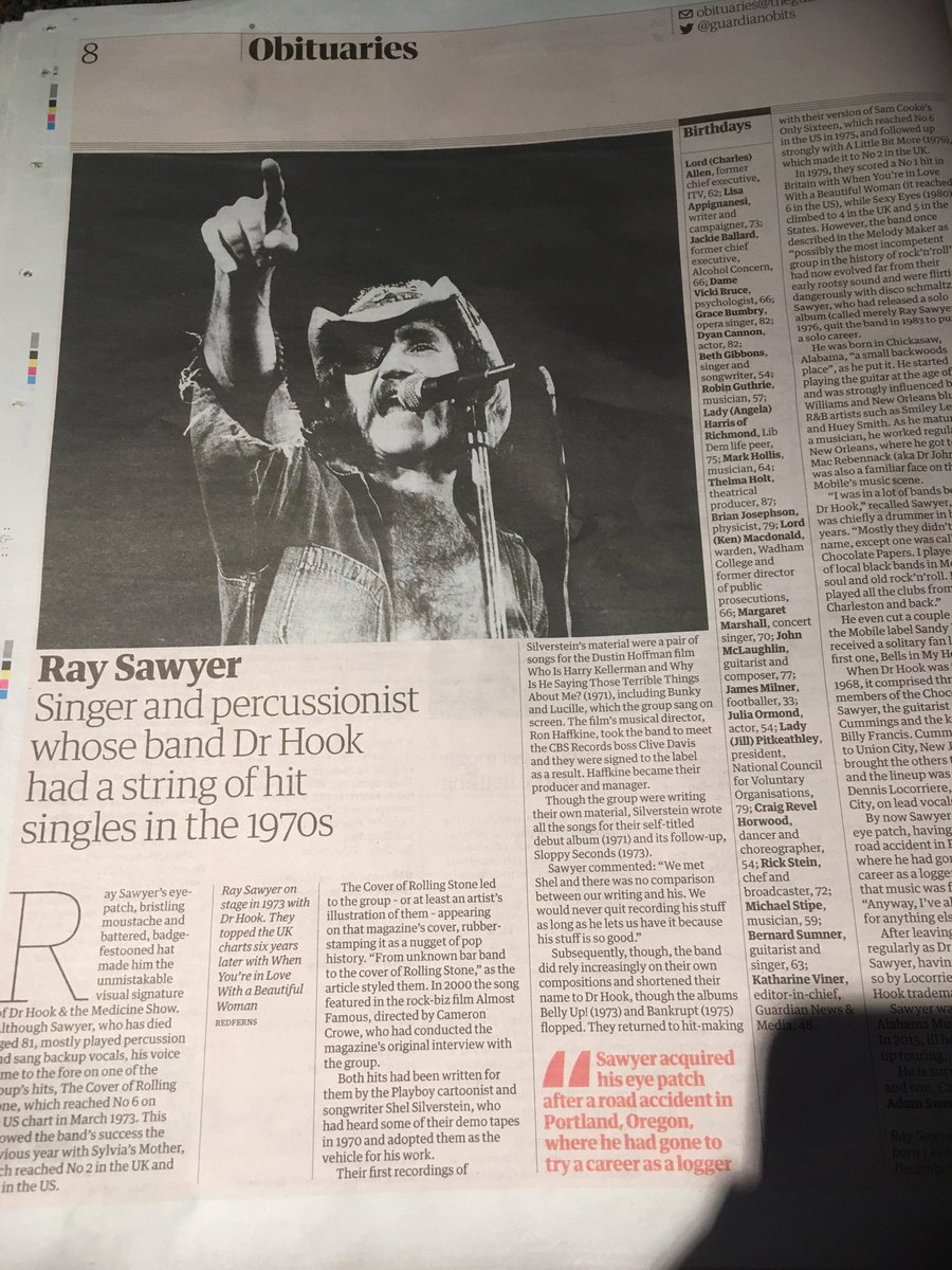 A very nice obituary in today’s Guardian #RaySawyer #DrHook