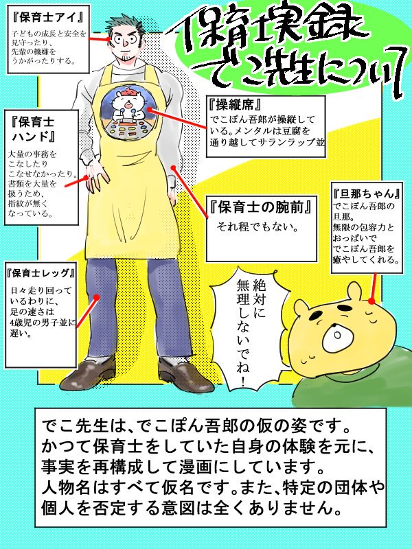 かつて保育士をしていたでこぽん吾郎の実録漫画です。
"でこ先生"を代理人として私の体験を元に描いています。 