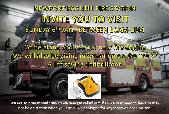 Please feel free to come and visit our Fire Station this Sunday between 10am -1pm.

Come and see our new fire engine, we will also be giving information on the use of a life saving defibrillator.
