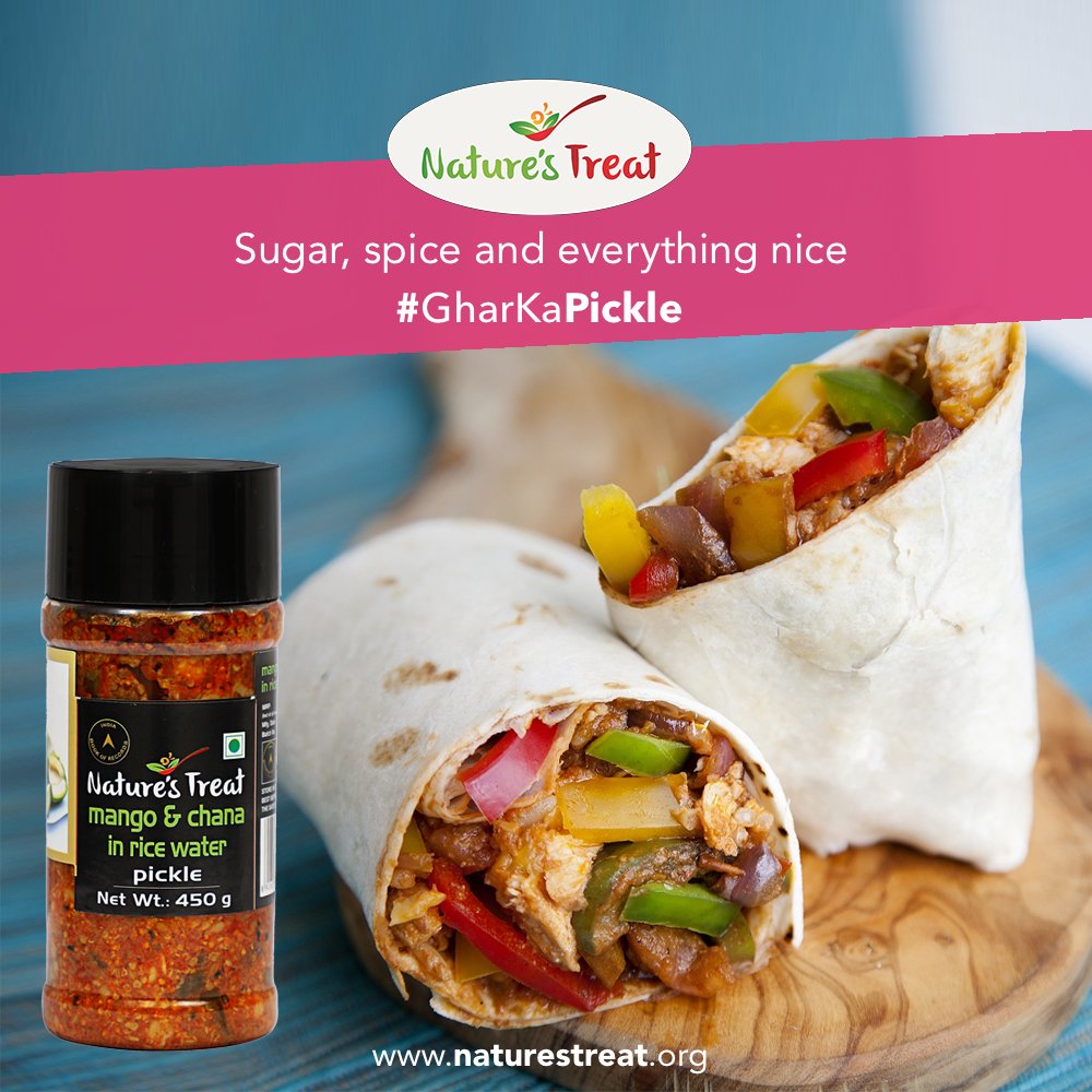 Delight your taste-buds as you experience a melange of tasty Indian spices in your Rolls with our Mango &amp; Chana pickle in rice water! #GharKaPickle

Now available on <a href="/amazonIN/">Amazon India</a> Order Now bit.ly/ntorder

#NaturesTreat #IndianPickles #Healthy #IndianCuisine #picklelover