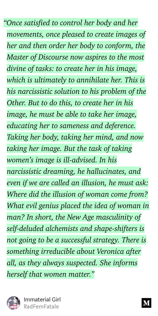 "Immaterial Girl" -  @radfemfatale  https://link.medium.com/SiO1D6LGcT  Somer Brodribb, in her brilliant book Nothing Mat(t)ers: A Feminist Critique of Postmodernism describes the male colonization of woman's metaphysical self: