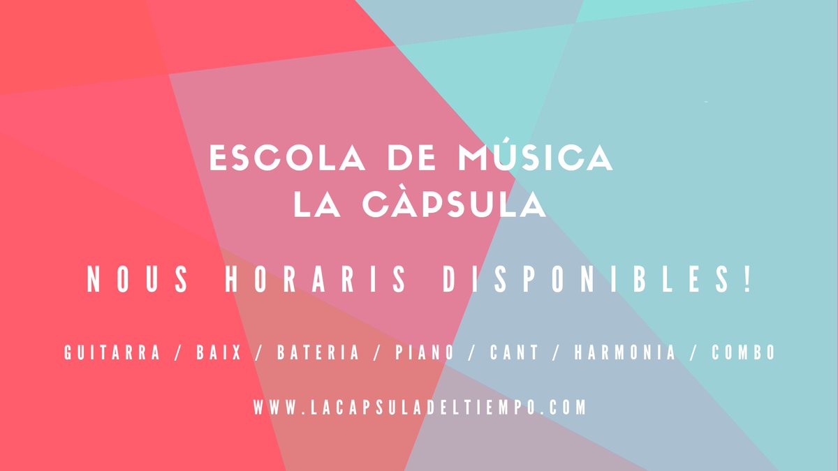 Nous horaris disponibles a les nostres classes de guitarra, baix, bateria, piano i cant. 

#EscoladeMúsicaLaCàpsula

+info a:  lacapsuladeltiempo.com/noticias/nuevo…