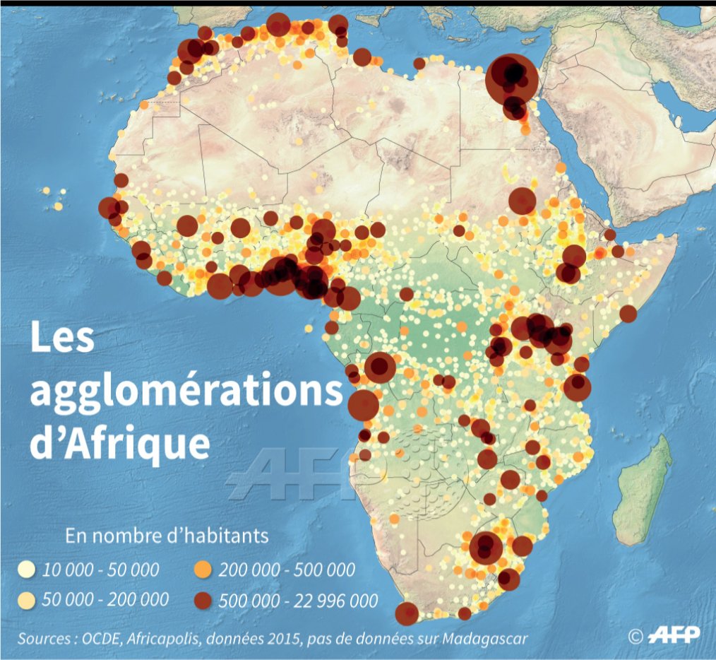 خريطة السكان التي تضم أكثر من 10000 نسمة في أفريقيا