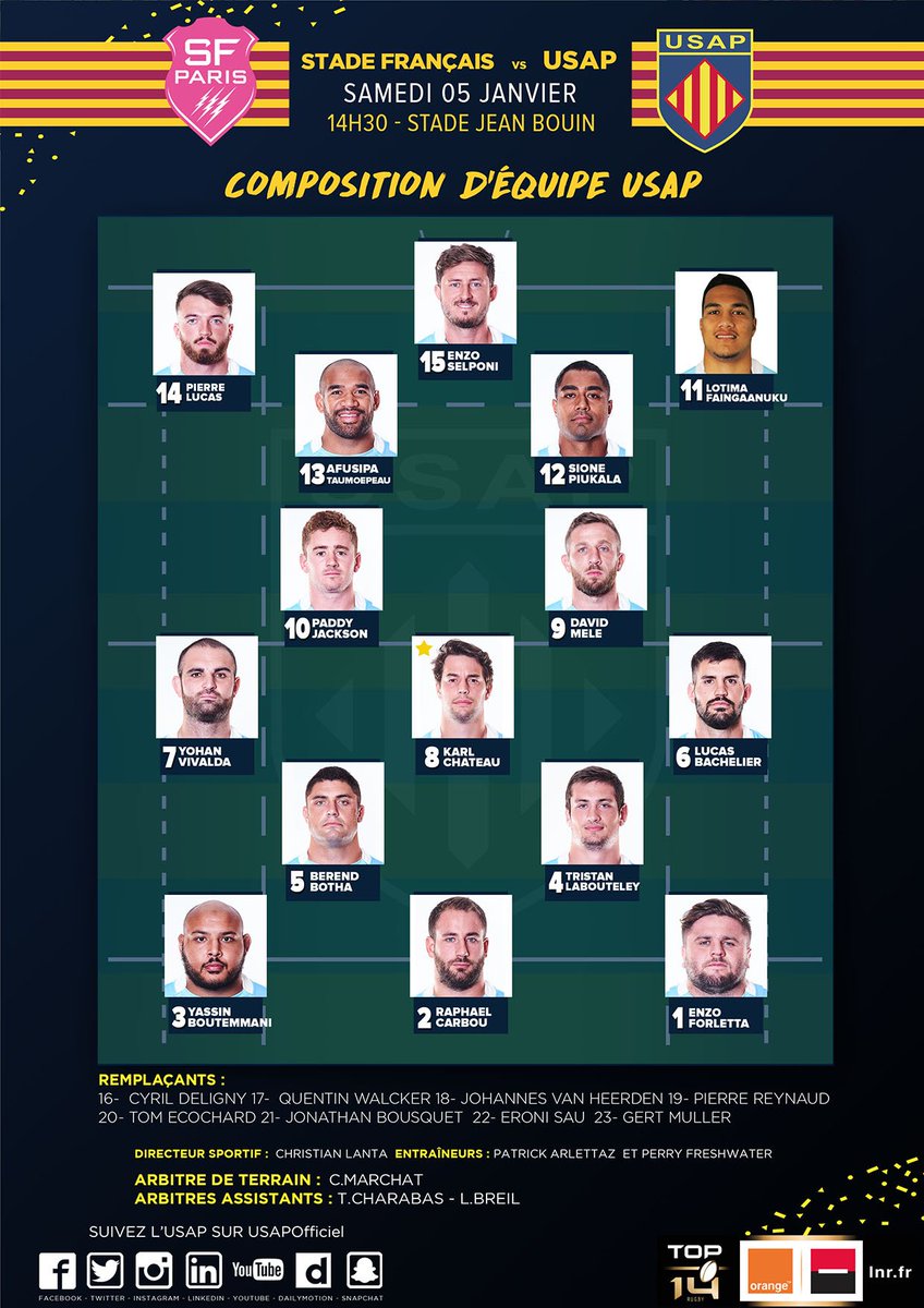usap_officiel's tweet photo. 🔴 LA COMPO - @SFParisRugby vs @usap_officiel
14ème journée de @top14rugby : l'USAP se déplace au Stade Français, ce samedi 05 janvier à 14h30 !
#usapgeneration #usapemotion #SFUSAP https://t.co/o0XpjAbjVK