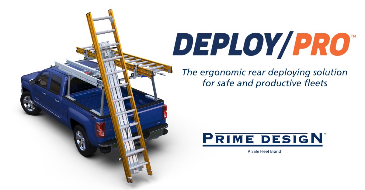 PrimeDesignRack's tweet photo. Safely stow or deploy ladders from behind the vehicle, shielded from potential road hazards or traffic. Upgrade your ladder storage: https://t.co/nlbP9IXfJK  #deploypro #fleetsafety #primedesign https://t.co/qEJkgEkYD6