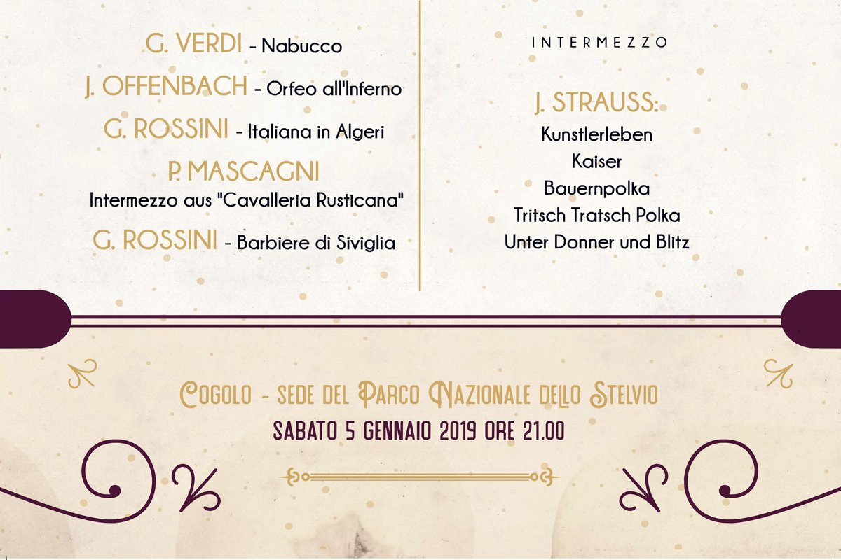 La #ValdiPejo ti invita al Gran Concerto di Capodanno dell'Orchestra delle Alpi diretta dal Maestro Stefano Torboli.

🎶 Gran Concerto di Capodanno
🎻 Orchestra delle Alpi
📆 Sabato 5 gennaio 2019
⏰ ore 21.00
📍 Sala Congressi Parco Nazionale dello Stelvio
🎫 Ingresso gratuito