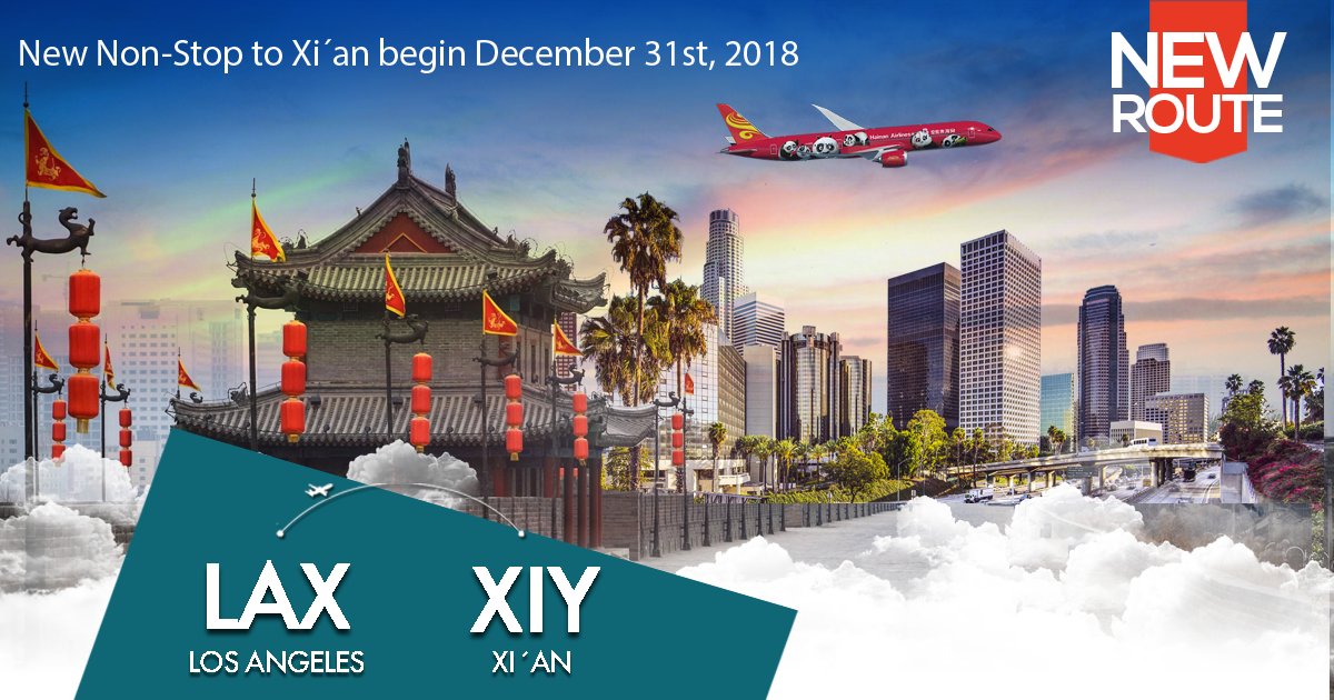 HainanAirlines's tweet photo. We launched 2x weekly flights between Los Angeles and Xi’an.
Our flight operates with the following schedule on Mondays and Thursdays in both directions!
Our incredible offer: https://t.co/7T31ItIUjj #FlyHainan #DestinationChina #TravelMore
Time to book! https://t.co/2vOIjM9SUP