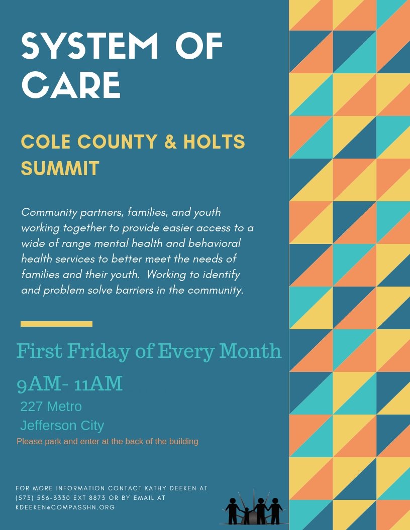 MOSOCCESS's tweet photo. Cole County and Holts Summit System of Care is held on the first Friday of every month.  #mosoccess #systemofcare https://t.co/1n922MDS8T