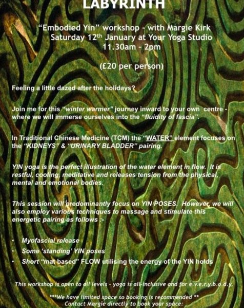 LABYRINTH: just in time for a fresh start to the new year, another fantastic workshop opportunity with our Margie Kirk! Taking place 12 January 11:30am-2pm, pre booking is advised directly with Margie: magskirk@yahoo.co.uk and/or 07859 129 405 #youryogastudio #liverpool #yoga