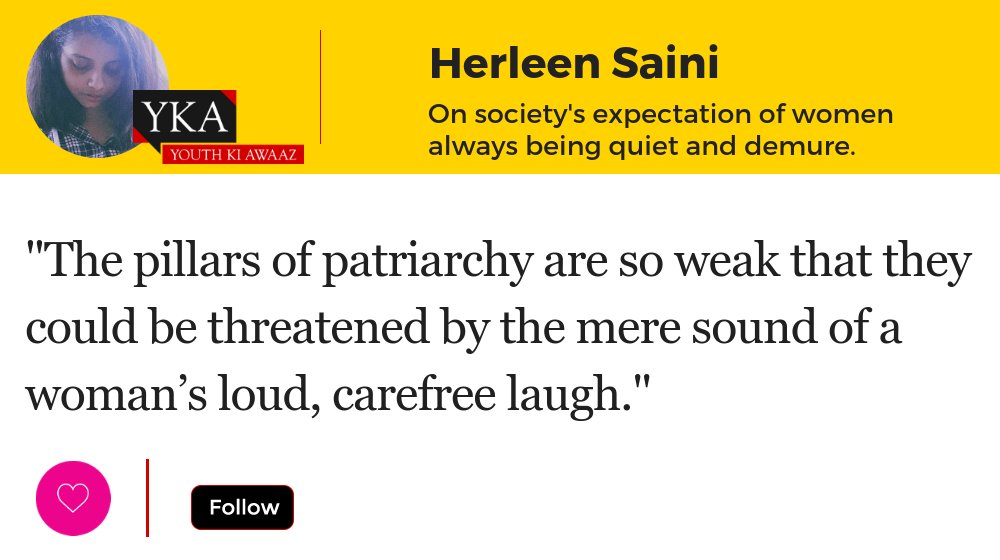 YouthKiAwaaz's tweet photo. How often have you been told not to laugh 'that way' because girls aren't supposed to? Check out Herleen's brave answer to all who can't handle women laughing: https://t.co/Nbzlk5n94O
#UseroftheWeek https://t.co/X1L2aSwP4D