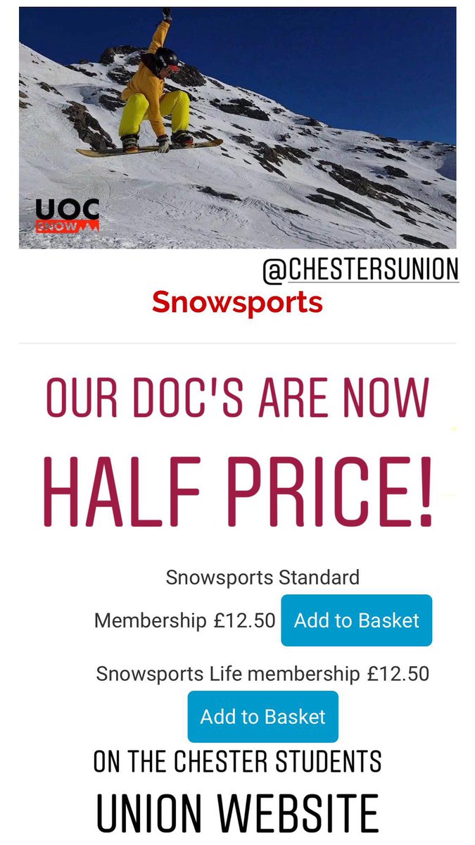 UOCSnow's tweet photo. Our D.O.C’s are now officially half price on the Chester Students Union website!

If you’ve ever wanted to give skiing or snowboarding a go, now is your chance. 

Check us out on Facebook at UOCSNOW. Feel free to send us any questions regarding our society 🤙🎿⛷🏂
@ChesterSU https://t.co/MIIPUaFoXP