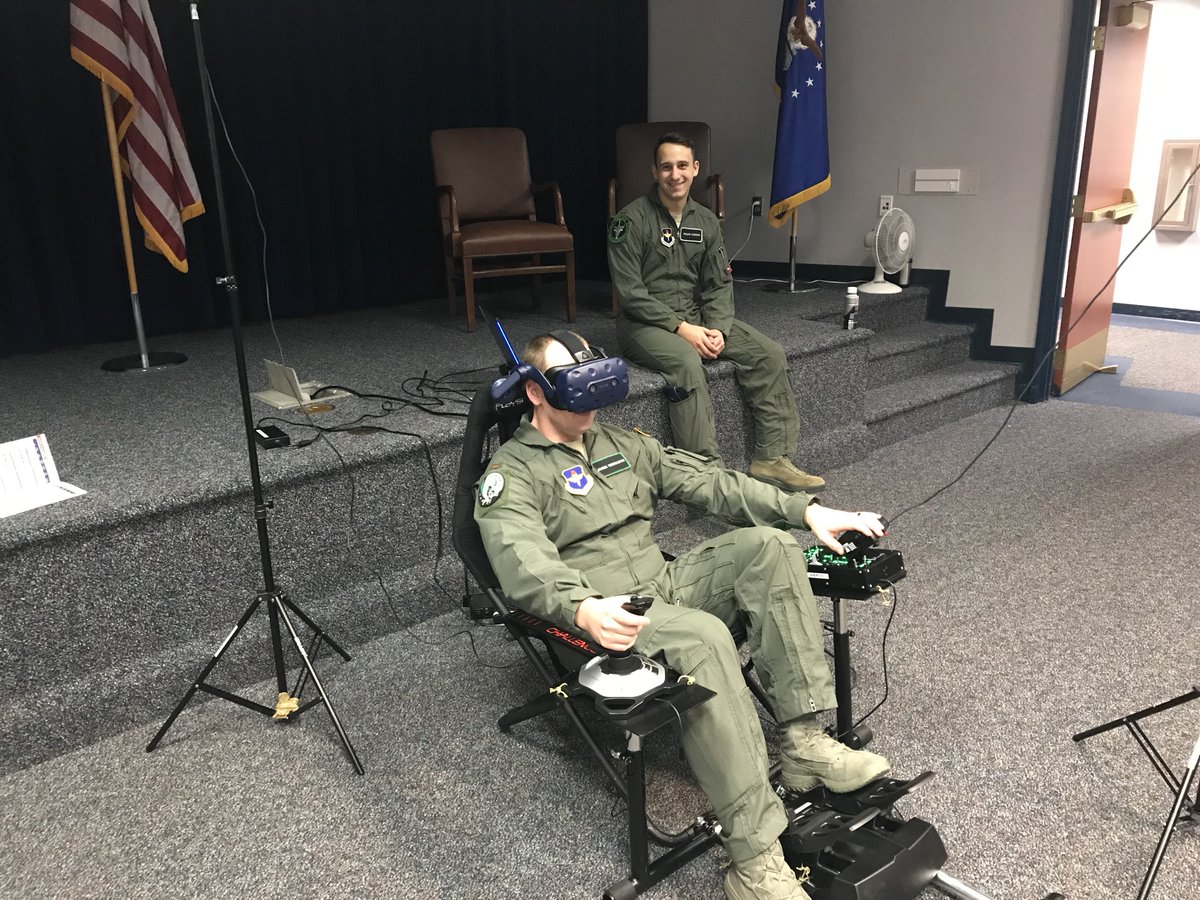 LEDxAU's tweet photo. UPT Next VR simulator is up and running in Barnes Auditorium. If you want to see what our future pilots are using to hone their skills, stop by and give it a shot! #AULeadership #LEDxAU @HQAirUniversity @AETCommand https://t.co/UC1g6igFNb
