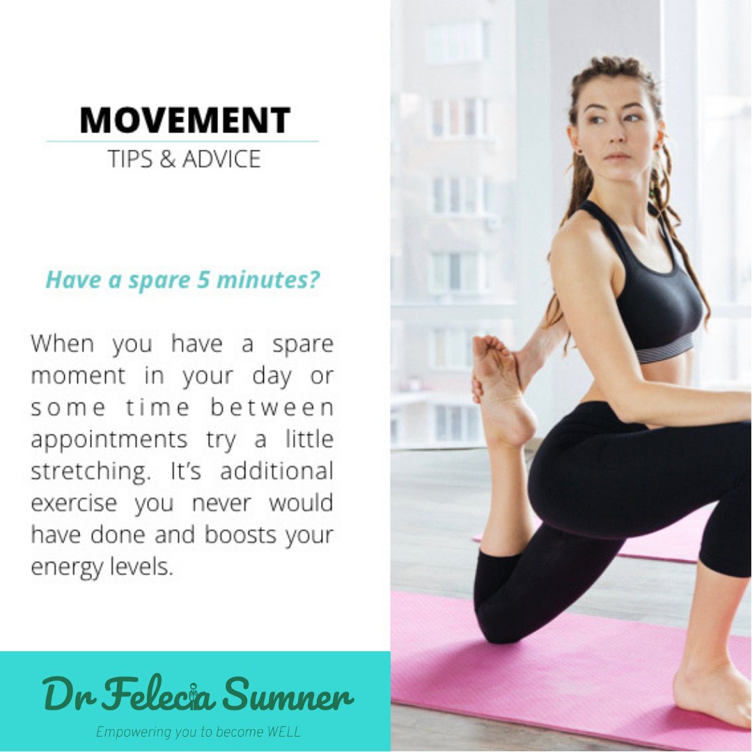 drfeleciasumner's tweet photo. Have a spare 5 minutes? When you have a spare moment in your day, or some time between appointments, try a little stretching. It's additional exercise you never would have done and boosts your energy levels. #exercisehacks @rowedocs @somedocs
https://t.co/OSKovOsZMu https://t.co/1XbJZ06Hhs