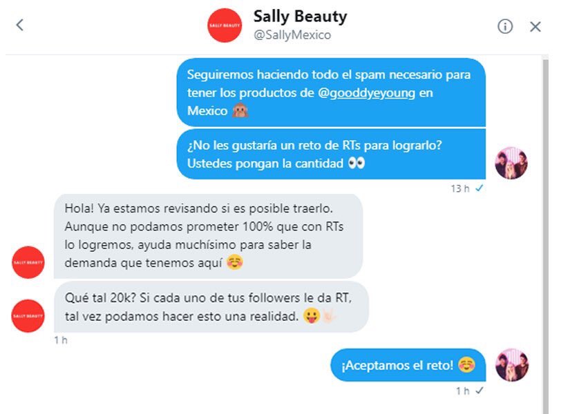 .<a href="/SallyMexico/">Sally México</a> nos ha retado:

Si este tweet llega a 20,000 RT, harán todo lo posible por tener los productos <a href="/gooddyeyoung/">Good Dye Young 🌈</a> en las tiendas de México.

¡Ayúdanos a demostrarles que queremos teñir nuestro cabello con GDY! 🧡💛💚💙💜❤️