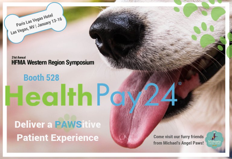 JulieGerdeman's tweet photo. Who’s headed to Vegas for the @HFMAWestern Symposium in 9 days?? Come relax and hangout with HealthPay24 and some therapy dogs! #PAWSitivePatientExperience #Booth528 #HFMAWestern https://t.co/7qFKoB7XIl