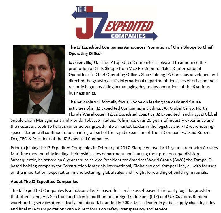 NFWarehouseFTZ's tweet photo. The JZ Expedited Companies is pleased announce the promotion of Chris Sloope to Chief Operating Officer. 

Official press release below: https://t.co/B2lhnh2sWG