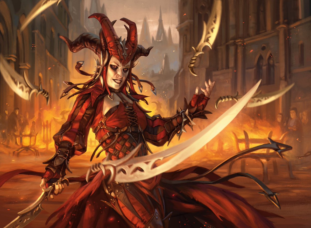 SnackTimeCast's tweet photo. “Look at her pose and knives. You are the mage who has summoned her but Rakdos being Rakdos, you aren’t sure if she’ll attack you or not.”
-@AntTessitore 
1/2 https://t.co/b1lMzfJruy