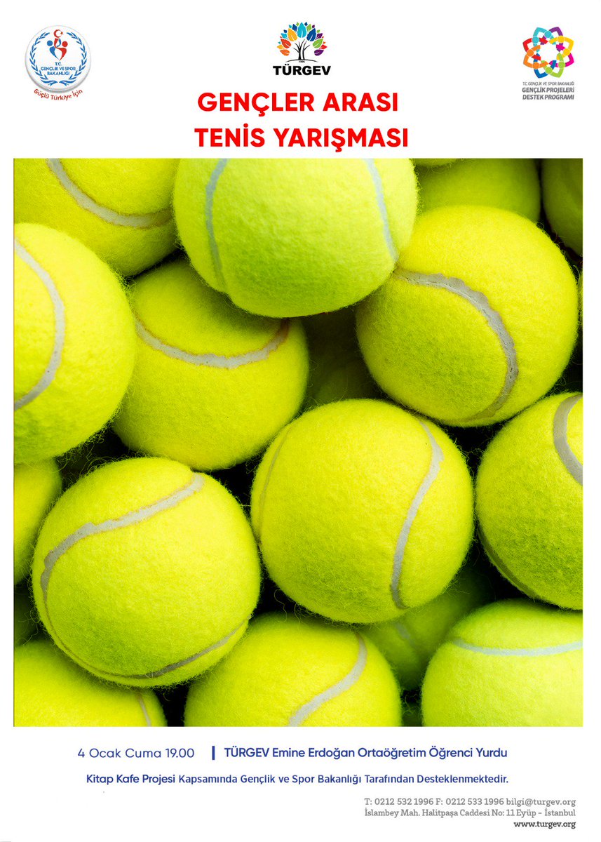 Türgev Kitap Kafe kapsamında 'Gençler Arası Tenis Yarışması' bugün saat:19.00' da. Tüm gençlerimiz davetlidir. <a href="/GSBgenclik/">Gençlik Hizmetleri</a>proje @GSBgenclik <a href="/gencliksporbak/">Gençlik ve Spor Bakanlığı 🇹🇷</a> <a href="/turgev/">TÜRGEV</a>