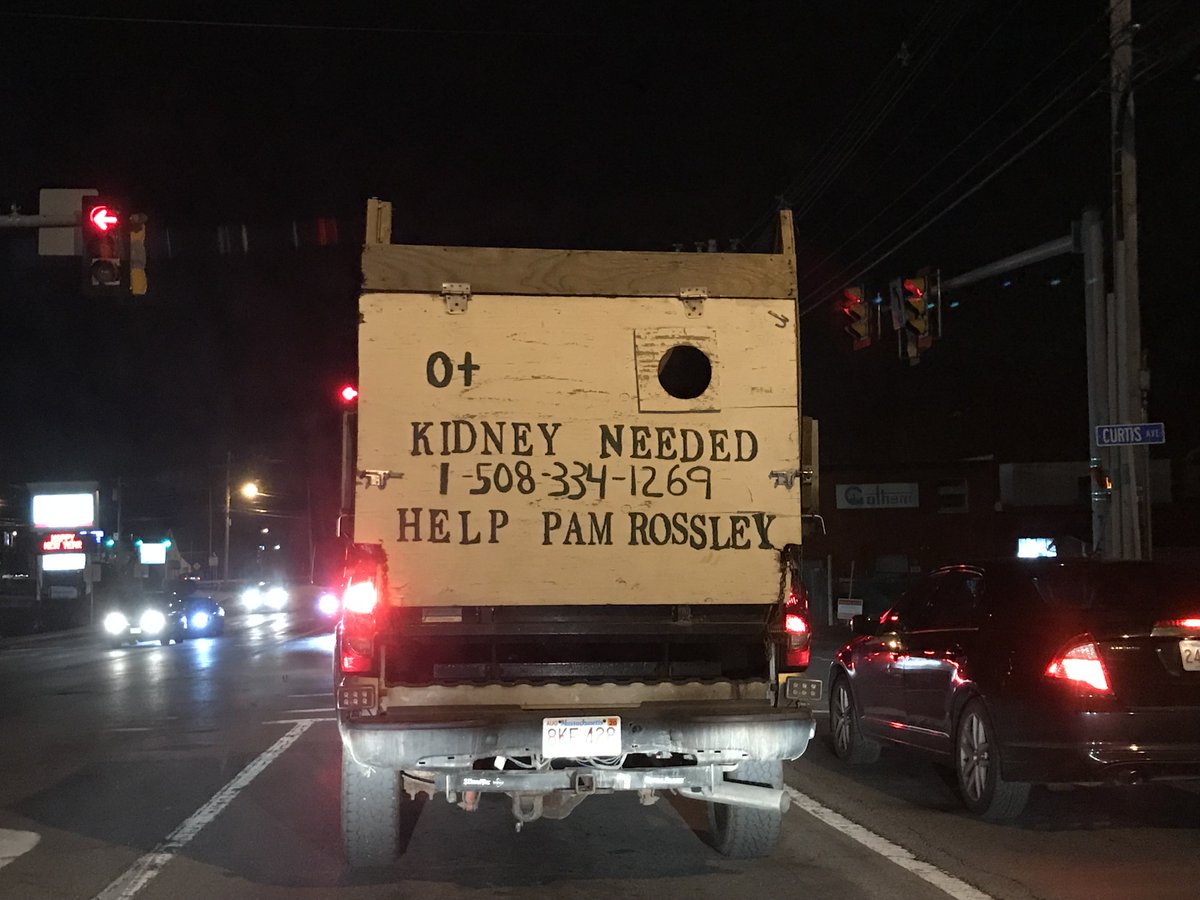 This truck was spotted main street in Marlborough last night with an urgent plea, asking for a possible kidney donor with O+ blood type to help Pam Rossley. The phone number (508) 334-1269 posted on the rear.