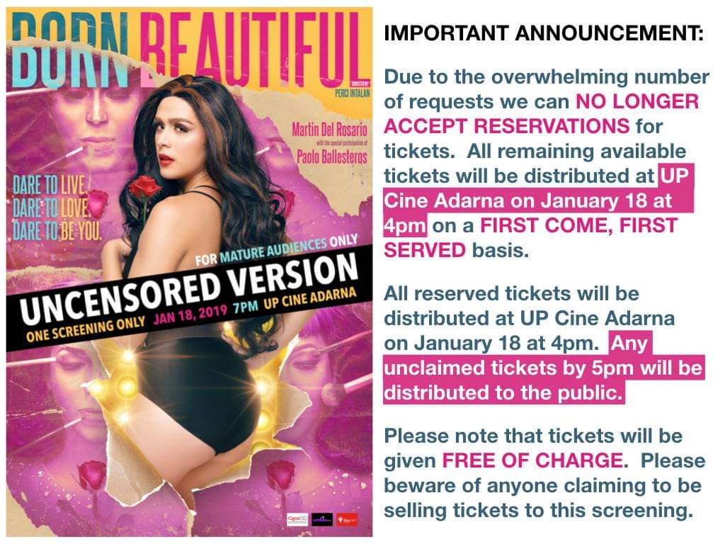 percinotpercy's tweet photo. Due to the overwhelming number of requests we can NO LONGER ACCEPT RESERVATIONS for tickets.   All remaining available tickets will be distributed at UP Cine Adarna on January 18 at 4pm on a FIRST COME FIRST SERVED basis. https://t.co/T2UQiLqow2