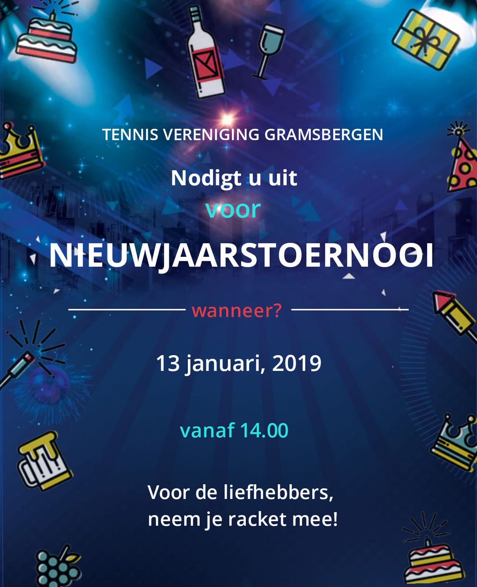 Start jij het jaar 2019 ook sportief? Kom dan op 13 januari naar de tennisbaan voor het nieuwjaarstoernooi! Opgeven is niet nodig!