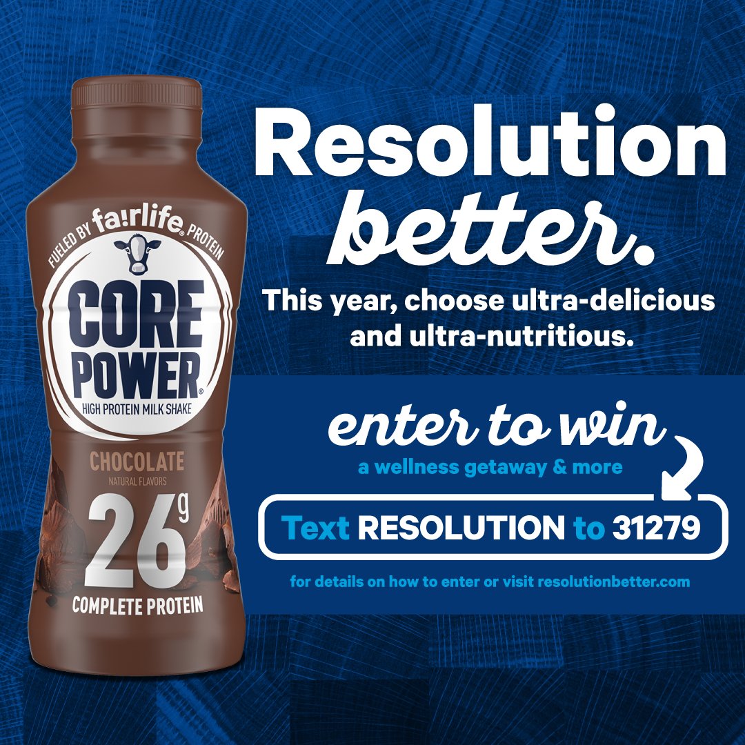 CorePower's tweet photo. Conquer those resolutions and up your wellness game with 26 grams of high quality dairy protein, fueled by fairlife. #ResolutionBetter with Core Power, and you could win a wellness getaway to get your 2019 goals started in style! https://t.co/KogLCC1kEf