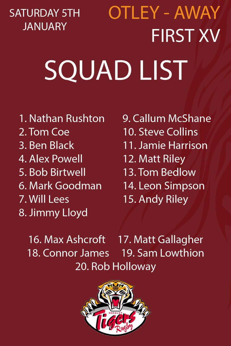 🐯📸 | 1st XV TEAM NEWS

🏉| 5th January 2019

📍 <a href="/otleyrugbyclub/">@OtleyRugbyClub</a> KO- 2pm