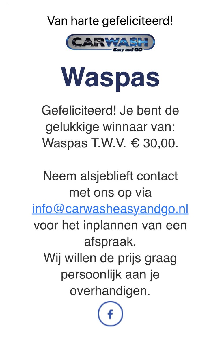 Top actie bij <a href="/Easyandgo/">Carwash Easy and GO</a> even € 30,= gewonnen. Zo begint 2019 goed!
