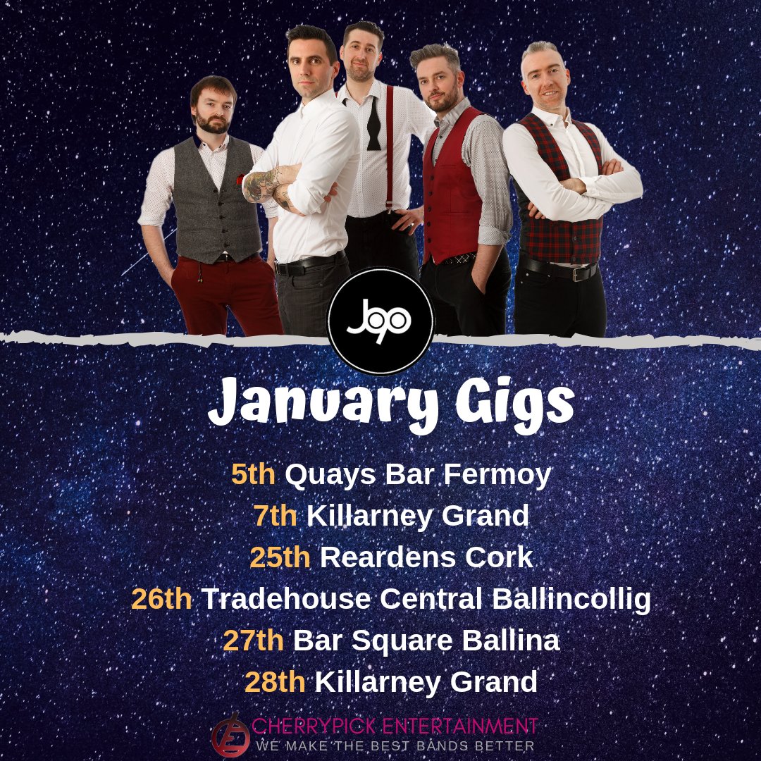 CherrypickEnts's tweet photo. Start the year right! Catch J90 on their January Gigs! ��
 5th  The Quays Bar Fermoy
 7th Killarney Grand @KillarneyGrand 
 25th Reardens Bar @Reardenscork 
 26th @TradehouseBar  
27th Bar Square
 28th Killarney @KillarneyGrand 
 #j90 #cherrypickbands #january https://t.co/3JTubgktNV