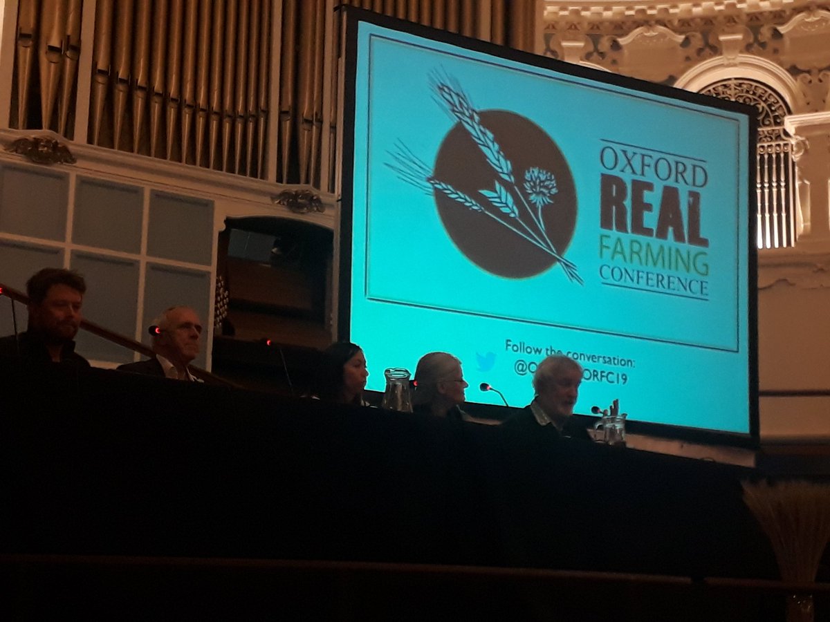 Colin Tudge defining #realfarming - starting from the assumption that agriculture has to produce enough healthy food for everyone without wrecking the planet. #ORFC19 <a href="/ORFC/">ORFC</a>