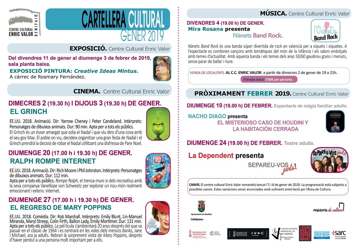 Aj_Benifaio's tweet photo. 🎭Compartim la CARTELLERA CULTURAL per als dies d’este mes de GENER a #BENIFAIÓ🎬
Vos esperem al #CCEV amb moltes ganes❗️
#BenifaióActiu #VosEsperemAmbGanes #Participa #FemPoble #ProgramacióGener #Activitatsperatotsitotes
@BenifaioCOMUNIC
@culturaBenifaio https://t.co/CGczYVnm38