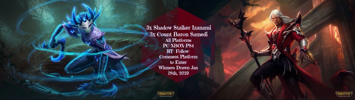 Happy 2019 Everyone!
3x Shadow Stalker Izanami
3x Count Baron Samedi
RT | Follow | Comment Platform to Enter!
PC - XBOX - PS4
Winners picked Jan 18th, 2019
⚡️🖱️🎮
#smite
<a href="/SMITEGame/">SMITE 2</a>

Good luck all!
Iza ⚡️