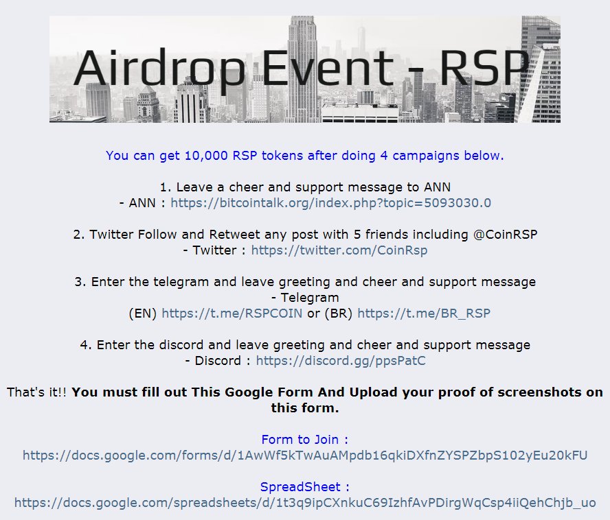 🎉RSP Airdrop Event Release !!🎉

You Can Get 10,000 RSP !!

👇👇👇👇👇👇👇👇

bitcointalk.org/index.php?topi…

<a href="/crex/">crex</a> #btc #realestate #Bitcointalk #cryptocurrency #cryptocurrencies #coin #erc20 #Altcoins #altcoin