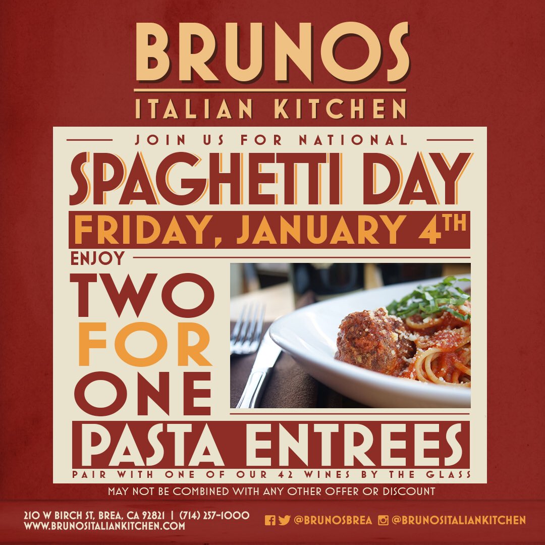 BreaDowntown's tweet photo. It’s national Spaghetti day!🍝 Celebrate @brunositaliankitchen today with two for one pasta entrees🍝 #brea #breadowntown #dinebreadowntown #brunositaliankitchen #nationalspaghettiday #italianfood #datenight #oc #orangecounty https://t.co/VAuctMbr67