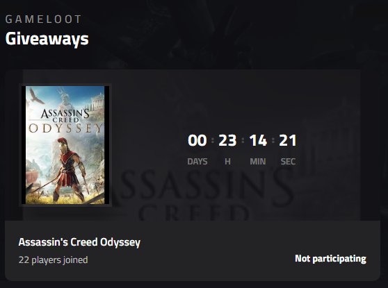 gamelootgg's tweet photo. 🎁 Daily Game Giveaway 🎁

🎮 TODAYS PRIZE: Assassin's Creed Odyssey

👉 To enter the giveaway, visit: https://t.co/SFXHJKi0fR
👉Requires 25 EXP to join! https://t.co/ENxUXtzCtk