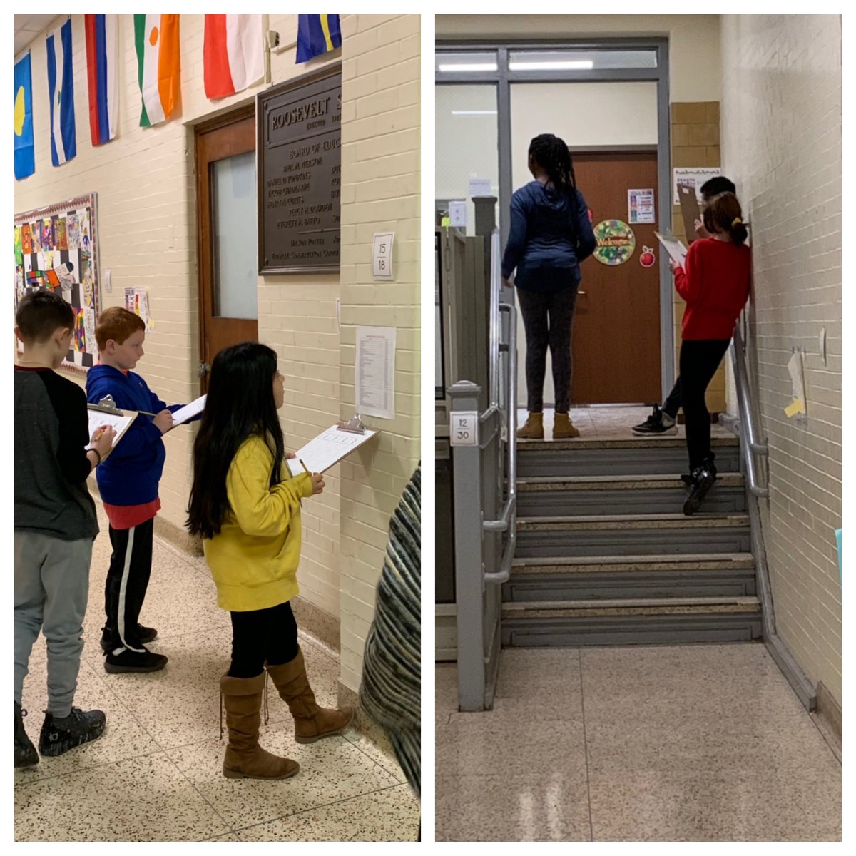 ComSchoolLeader's tweet image. Roosevelt students are a a scavenger hunt, searching for equivalent fractions. #math #fractionfun