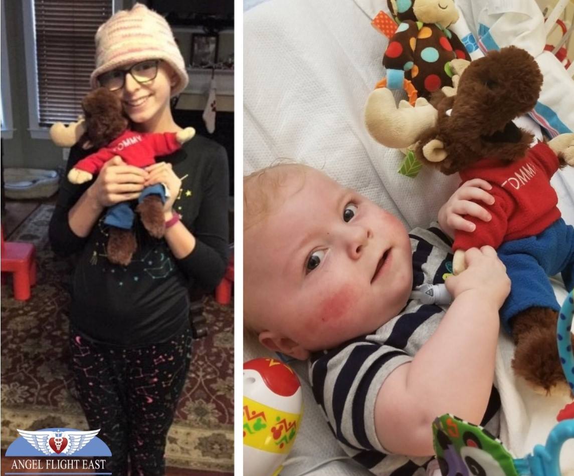 AngelFlightEast's tweet photo. AFE sent out a holiday gift to the kids we fly, thanks to the generosity of Moose Lodges who donated three cases of Tommy Moose. Our two friends Mya and Logan sent these photos after receiving it in the mail. #hopeinflight https://t.co/RhXcubVnKT