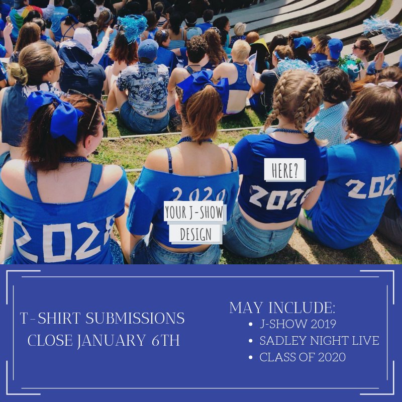 mtholyoke2020's tweet photo. Only two days left to submit your J-Show t-shirt design! Go Go Go! https://t.co/tvzdiugJHa #opensubmissions #sadleynightlive #jshow2019 https://t.co/g8K7Xg5z5d