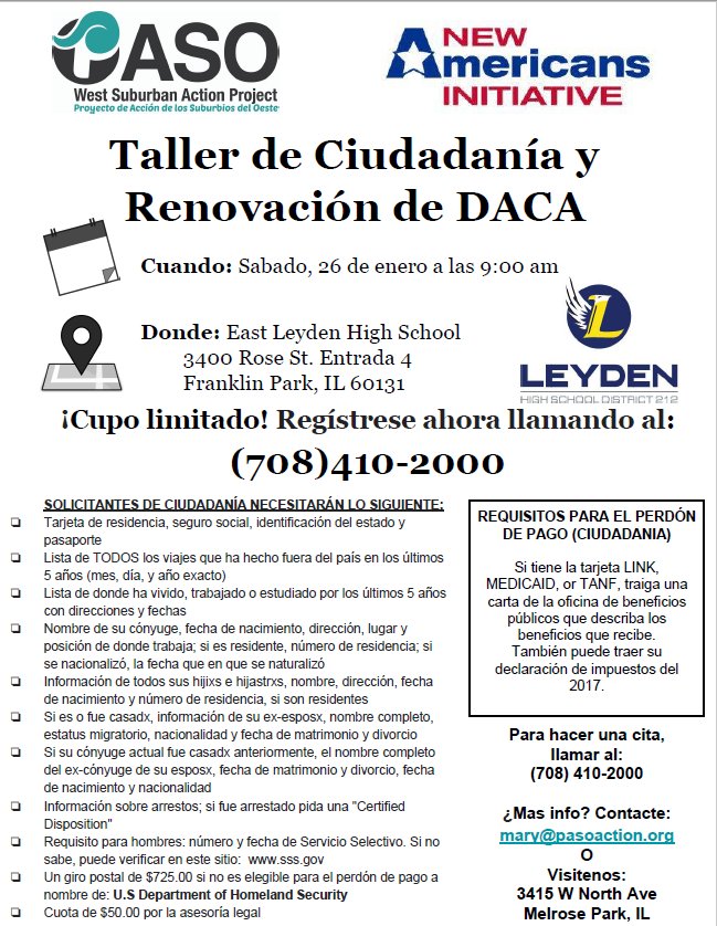 Anabel Mentado (@anabelnieto5) on Twitter photo Naturalization and DACA Renewal Workshop at #leydenpride Saturday, January 26. Naturalization and DACA Renewal Workshop at #leydenpride Saturday, January 26.