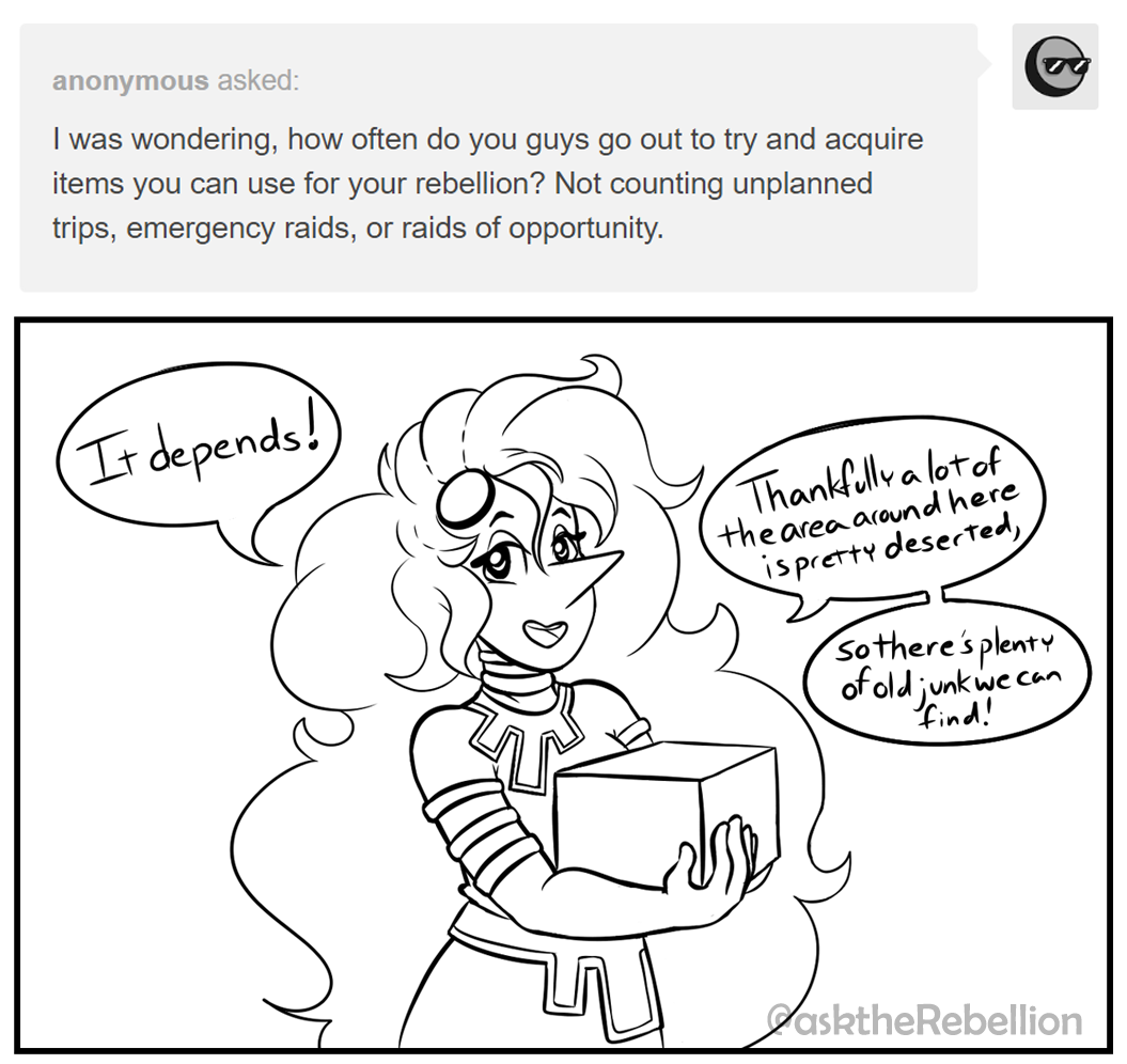 asktheRebellion's tweet photo. π¬ I was wondering, how often do you guys go out to try and acquire items you can use for your rebellion? Not counting unplanned trips, emergency raids, or raids of opportunity.
#FindingStarsinDesolateSkies #SU #StevenUniverse #Gemsona https://t.co/6Ej6zfIG4A