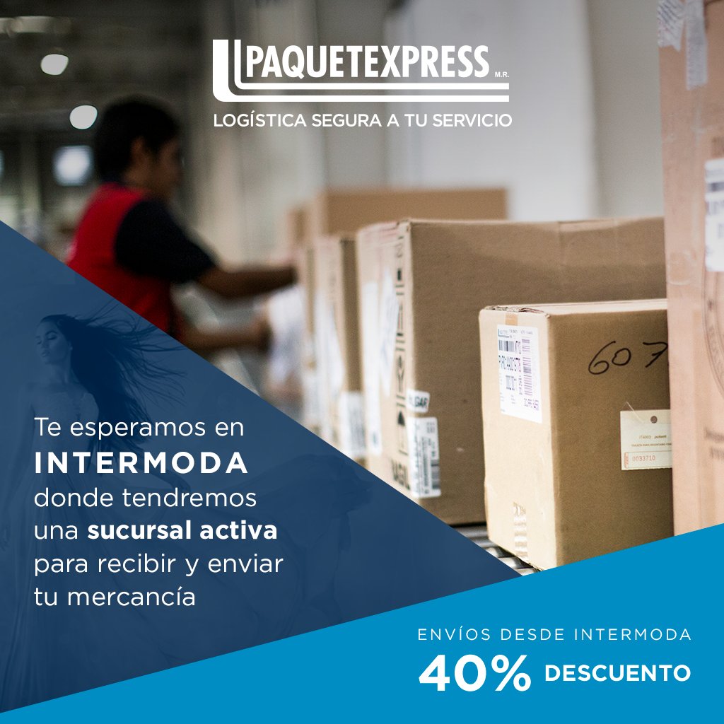 Intermoda's tweet photo. Envía desde #Intermoda70 todas tu mercancía. Aprovecha la promoción exclusiva que @PAQUETEXPRESS tiene para nuestros asistentes a este gran evento.
Más info en: https://t.co/McnSxXXsTJ https://t.co/0MEJAbfTx9