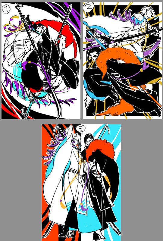 【とも&しずでゴム版絵日記02〜色付きラフ〜】
三つに絞って作ってみた。色は黒、青、赤、紫、黄の五色。
①ふたりはプリキ○ュア:薙刀の位置左右対称に調整予定。
②バトル系:刃は見えない。静ちゃん右手調整予定。
③立ちポーズ:足の位置調整予定。
正直どれでもいいが①の何度高い。 