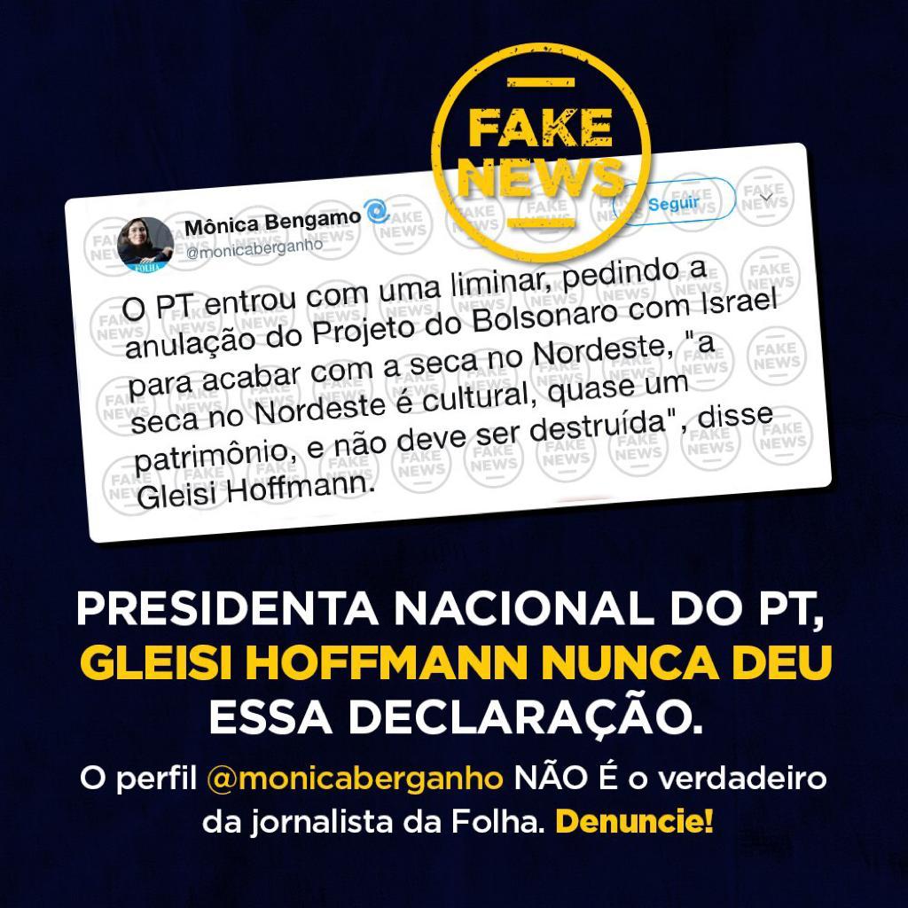 gleisi's tweet photo. Circula post d Mônica Bergamo, dizendo q eu ñ quero q acabe a seca no NE e q estava “entrando c/liminar” p/impedir o proj de Bolsonaro c/Israel. É mentira, fake, ñ caiam nessa! Essa turma do novo gov faz isso p/destruir o PT. Acabar c/seca no NE sempre foi objetivo do PT e d Lula https://t.co/VnfwcFHWGC