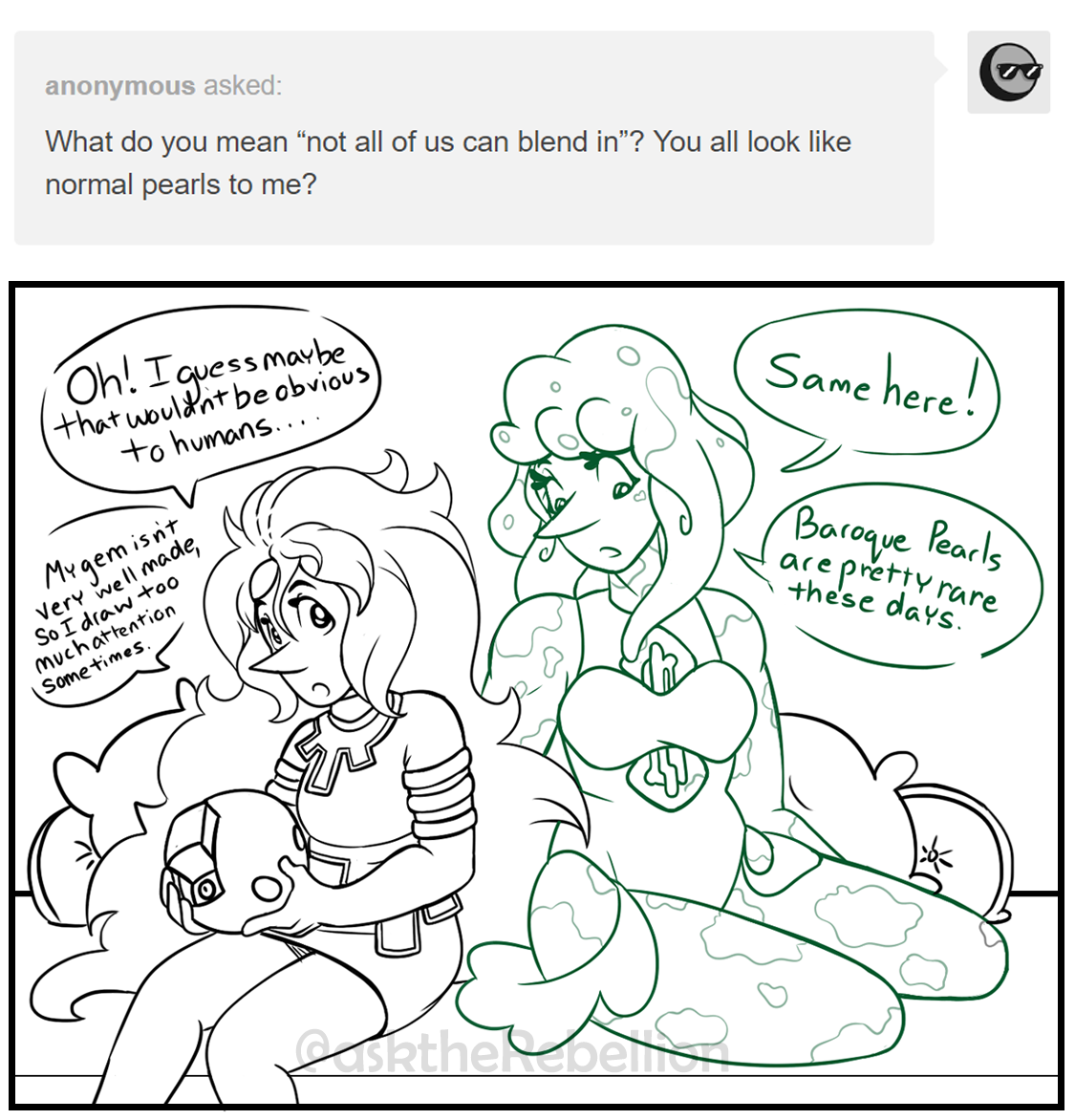 asktheRebellion's tweet photo. π¬ What do you mean βnot all of us can blend inβ? You all look like normal pearls to me?
#FindingStarsinDesolateSkies #SU #StevenUniverse #Gemsona https://t.co/oAgTKbQtSQ