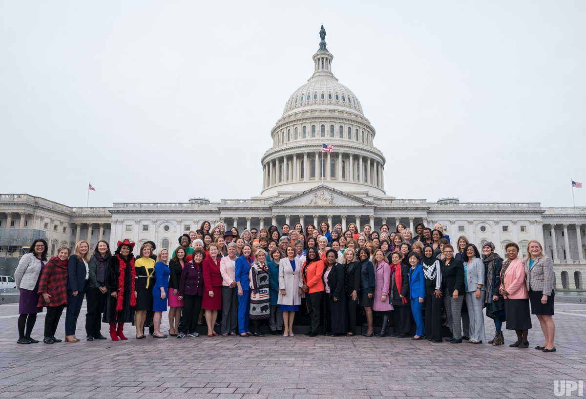 Speaker of the House @NancyPelosi, D-CA, poses with female Democratic members of Congress in front of the U.S. Capitol on Jan. 4, 2019. Photo by Kevin Dietsch for @UPI.