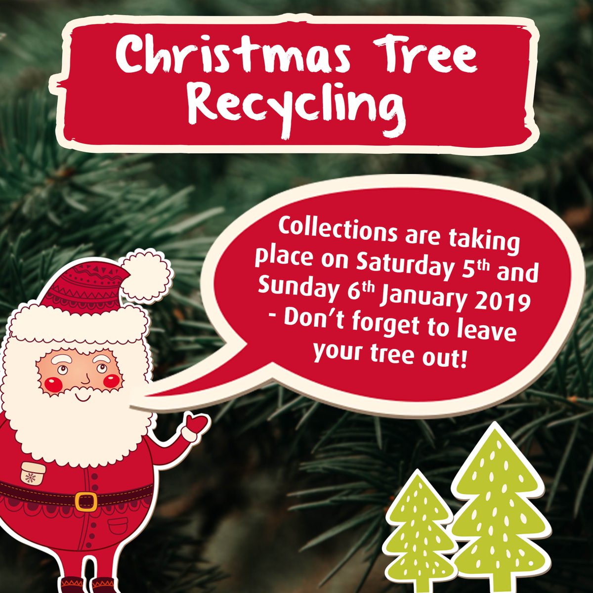 FarleighHospice's tweet photo. We'll be collecting and recycling your Christmas Trees on Saturday 5th and Sunday 6th January 2019. Please remember to leave your tree outside for us by 9am tomorrow. 👍🎄🚚 #ThankYou #ChristmasTreeRecycling #SpreadTheWord #RecycleAndRaise https://t.co/nhK0tyWXof