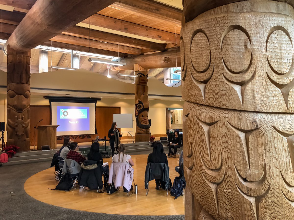 duncanmccue's tweet photo. Debra Martel welcomes students to @UBCLonghouse for our *eighth* year of Reporting in Indigenous Communities course @UBCJournalism.
Our theme this year: Innovation.
#musqueamterritory #decolonizingjournalism @riicnews https://t.co/WBVFpyD1tA