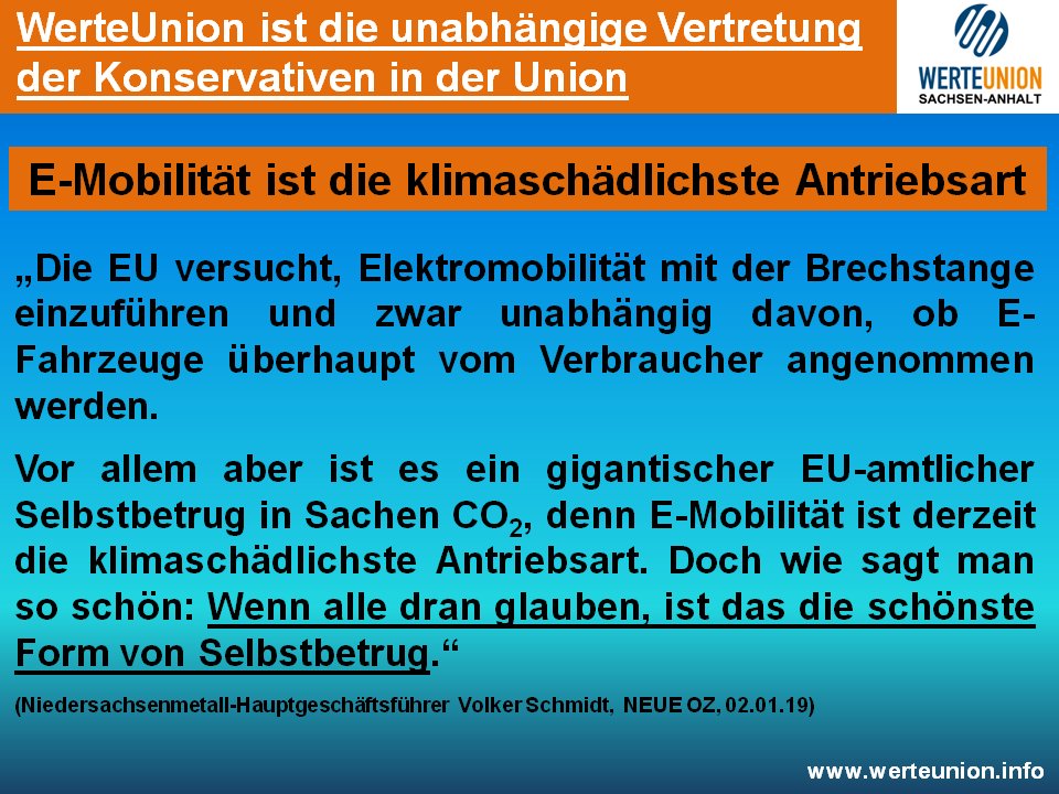 E-MOBILITÄT IST DIE KLIMASCHÄDLICHSTE ANTRIEBSART

Der ökologische Fußabdruck der Elektromobilität ist eine absolute Katastrophe.

Die Begründungen für die Fahrverbote sind nicht haltbar. 

Hier der Zeitungsbericht:  bit.ly/2GTCNym

#WerteUnion #WerteUnionST #Diesel