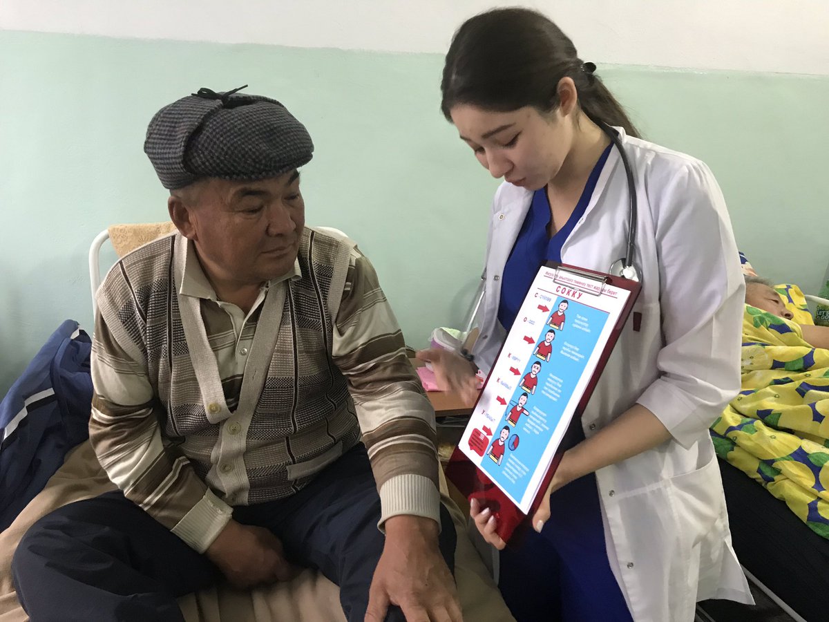 Aishoola's tweet photo. Alongside data enrollment in @RegistryStroke @eso_east is raising population's #stroke awareness. Patients are very pleased to get familiar with the "SOKKU" algorithm, which was adapted and translatated into  kyrgyz from the original English one (#FAST) by the @eso_east team https://t.co/XubXFTeWAr