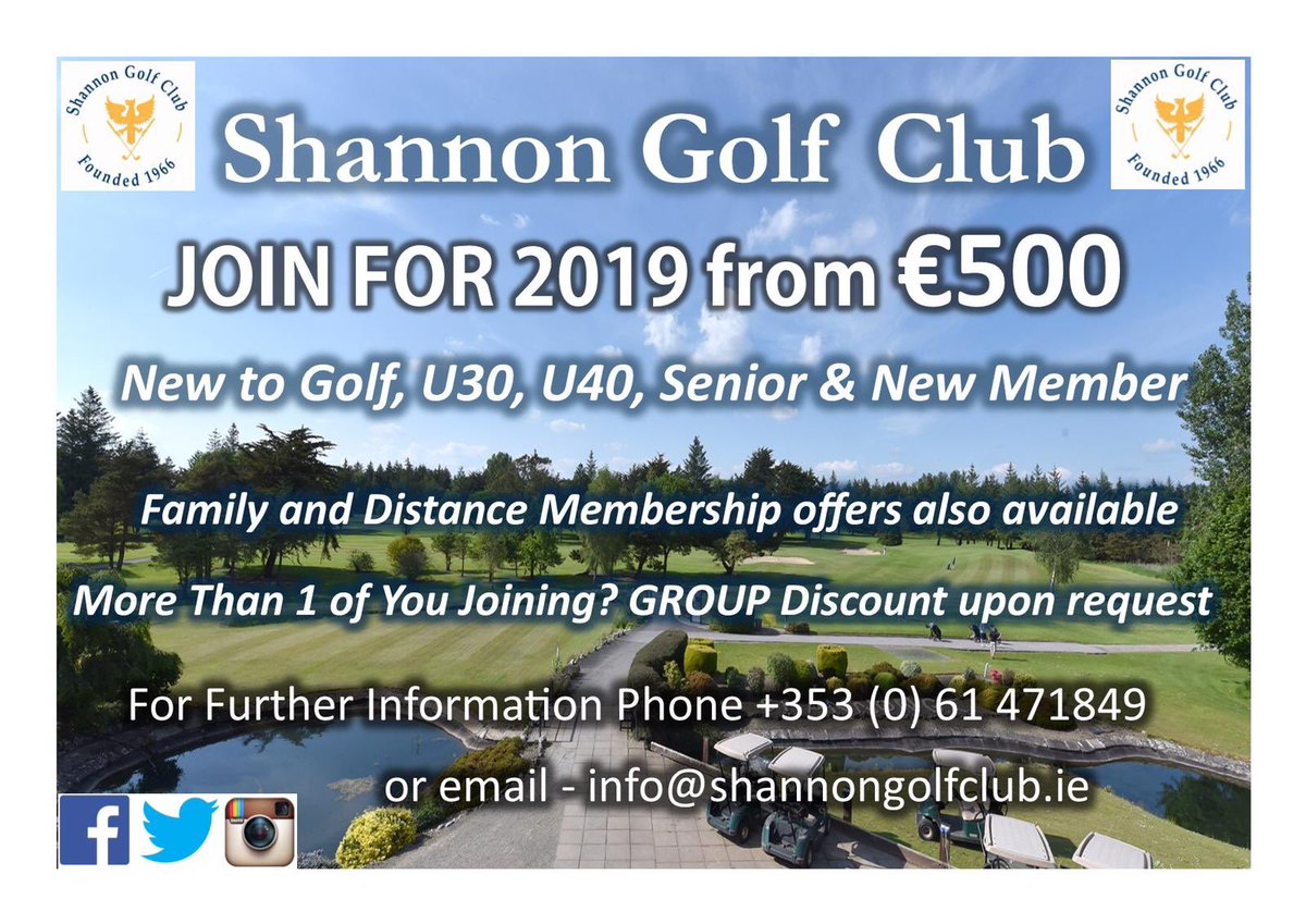 GolfShannon's tweet photo. Our new membership rates are now available for 2019. 🏌🏻‍♂️🏌🏻‍♀️

Details below.

👇🏻👇🏻

@IrishGolfDesk @GUIGolf @IrishLadiesGolf @SNNChamber @kevinmarkham @FairwaysFundays @OpenGolfIreland @IrishGolferMag @irishgolfclubs @GolfVoyager @RadissonBluLime https://t.co/4OtWEWzY65